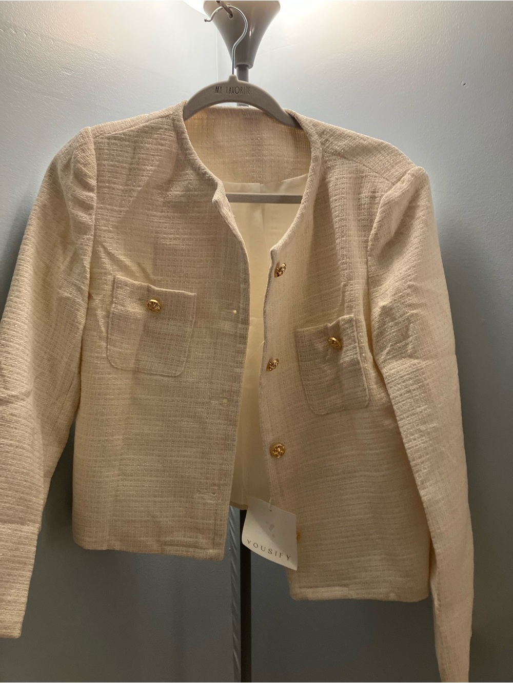 Cream Tweed Collarless Jacket with Gold Buttons